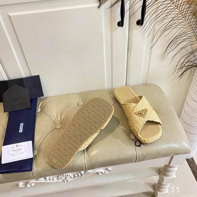 Mules Prada en raphia naturel croisé – Jaune clair – Image 2