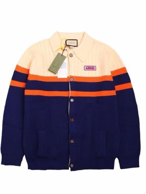 Cardigan Gucci Bicolore Écru & Bleu – Rayures Orange